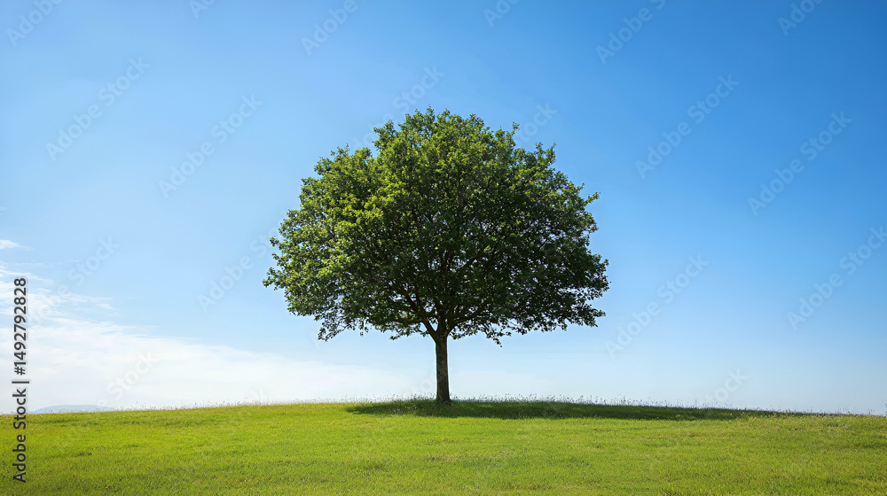 Fototapeta premium A single tree stands in a green field under a clear blue sky on a bright and sunny day outdoors
