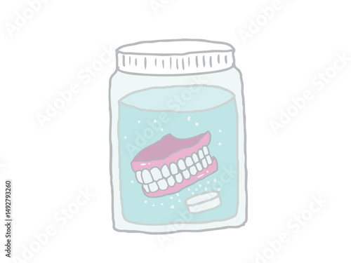 Illustration of a scene where dentures are placed in a container and cleaned