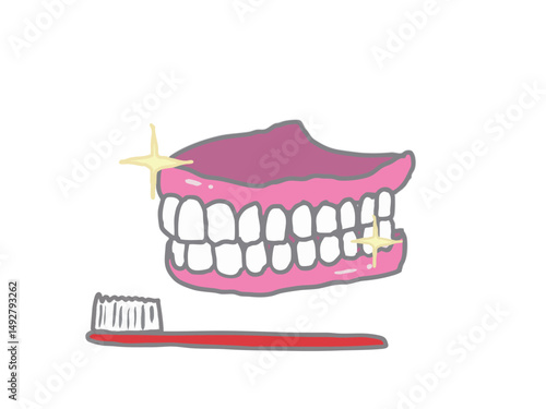 Illustration of upper and lower dentures and a toothbrush