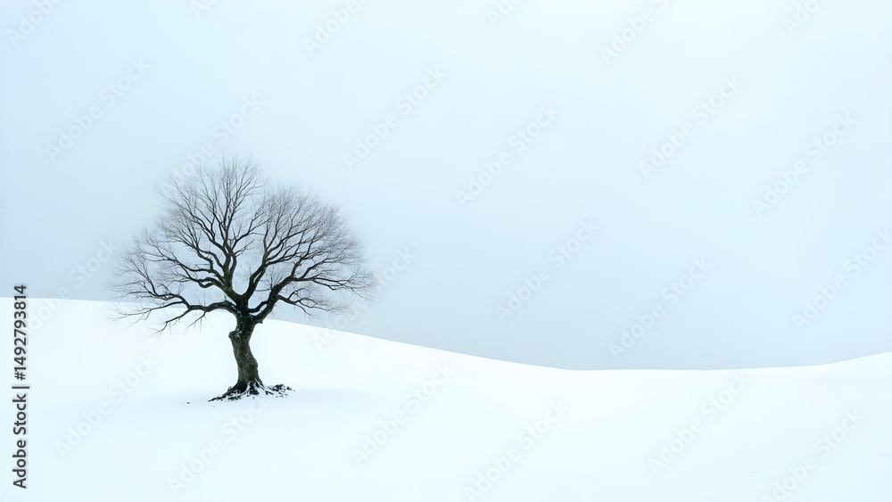 Fototapeta premium Solitary Tree in Snowy Landscape: Minimalist Winter Scene in a Tranquil and Peaceful Setting