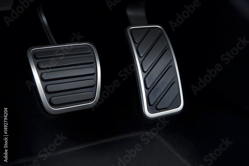 Closeup of accelerator and brake pedals in modern automatic car interior