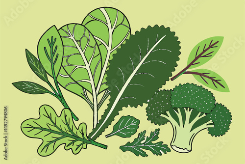 46 green leaves, fresh mint, spinach, lettuce, kale, cabbage, broccoli, assorted greens, healthy food, organic produce, natural background, studio shot, high contrast, vibrant colors, still life photo
