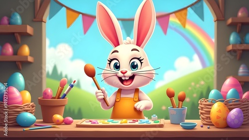 Charming Easter Bunny Decorating Eggs in a Cheerful Spring Scene