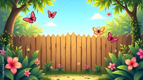 Scenic Garden Landscape with Butterflies, Flowers, Trees, and Wooden Fence Under a Blue Sky