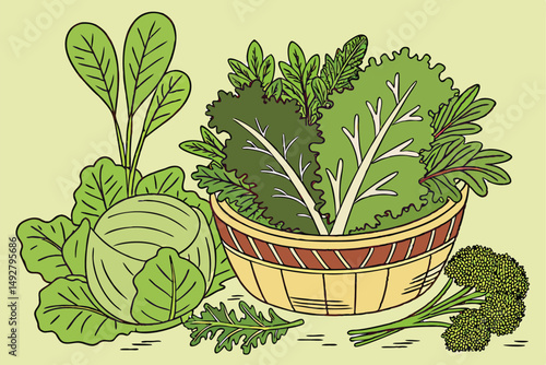 46 green leaves, fresh mint, spinach, lettuce, kale, cabbage, broccoli, assorted greens, healthy food, organic produce, natural background, studio shot, high contrast, vibrant colors, still life photo