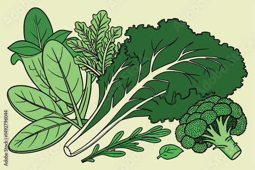 46 green leaves, fresh mint, spinach, lettuce, kale, cabbage, broccoli, assorted greens, healthy food, organic produce, natural background, studio shot, high contrast, vibrant colors, still life photo