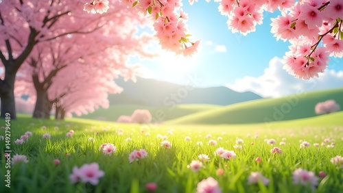 Delicate Pink Cherry Blossoms in a Lush Green Landscape Under a Sunny Sky during Spring Season