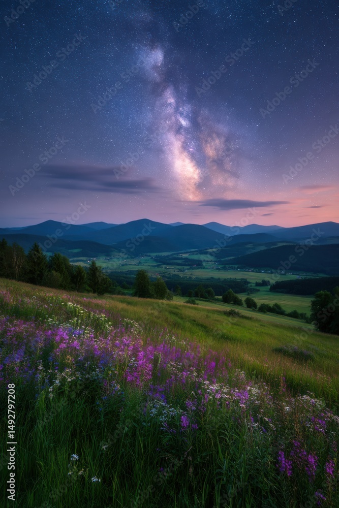 Obraz premium Milky Way over Mountain Valley with Wildflowers in Foreground Scenic Night Landscape View
