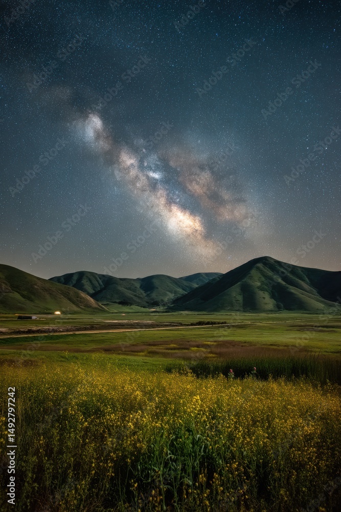 Obraz premium Milky Way Galaxy over Carrizo Plain National Monument California landscape scenic view nightscape astronomy astrophotography stars wildflowers field hills