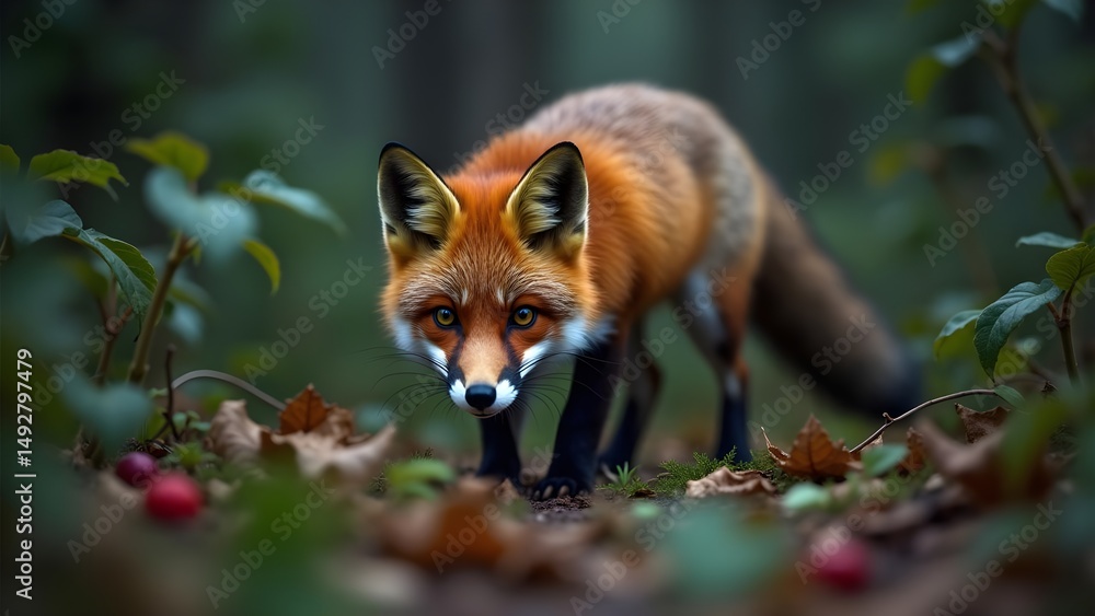 Obraz premium Captivating Red Fox Stares Intently in Forest Scene, Surrounded by Foliage and Autumnal Hues