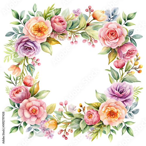 Pastel Rose Wreath Watercolor Floral Frame isolated on transparent background