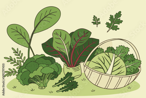 46 green leaves, fresh mint, spinach, lettuce, kale, cabbage, broccoli, assorted greens, healthy food, organic produce, natural background, studio shot, high contrast, vibrant colors, still life photo
