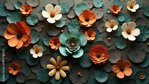 Elegant floral arrangement with handmade paper flowers in shades of orange, green, olive, beige, and brown.