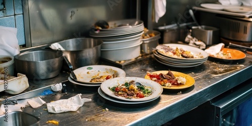 Dirty Dishes in a Restaurant Kitchen