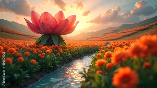 Dreamy Lotus Flower Landscape at Sunset, Orange Flower Field with a Tranquil River and Mountain Backdrop 