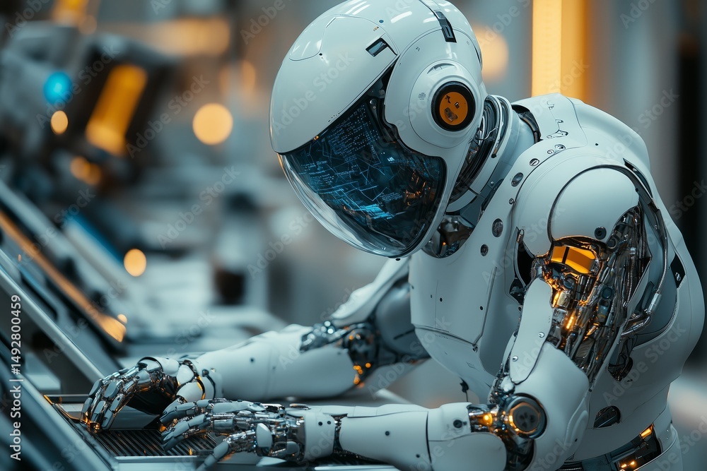 Fototapeta premium an astronaut like engineer testing wearable exoskeleton technology in a futuristic lab, surrounded by robotics and AI systems