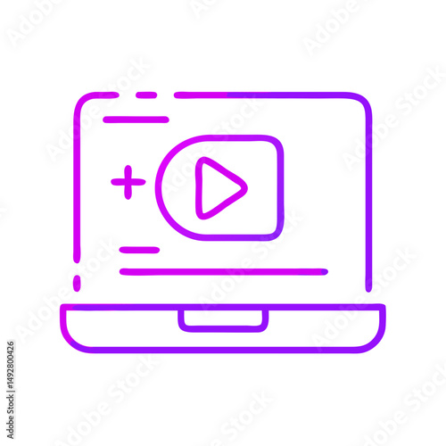 Multimedia Icon: A clean, modern icon depicting a laptop with a vibrant, neon-style interface, showcasing a video player and a plus symbol.