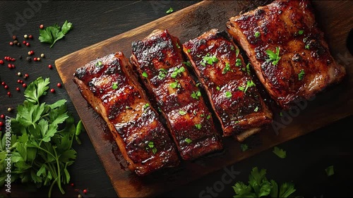 Juicy and flavorful barbecue ribs beautifully arranged on a wooden cutting board, ready to eat.