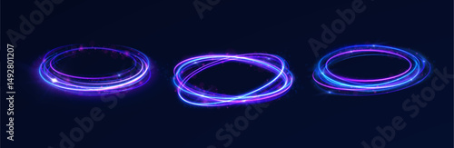 Dynamic circle with swirl sparkle and glowing flash trail in electric motion glow effect featuring bright blue twirl and magic shape for abstract fantasy vector background without isolation

