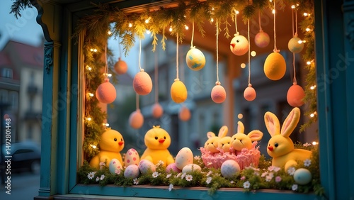 Festive Easter Storefront Display with Bunnies, Chicks, and Decorated Eggs