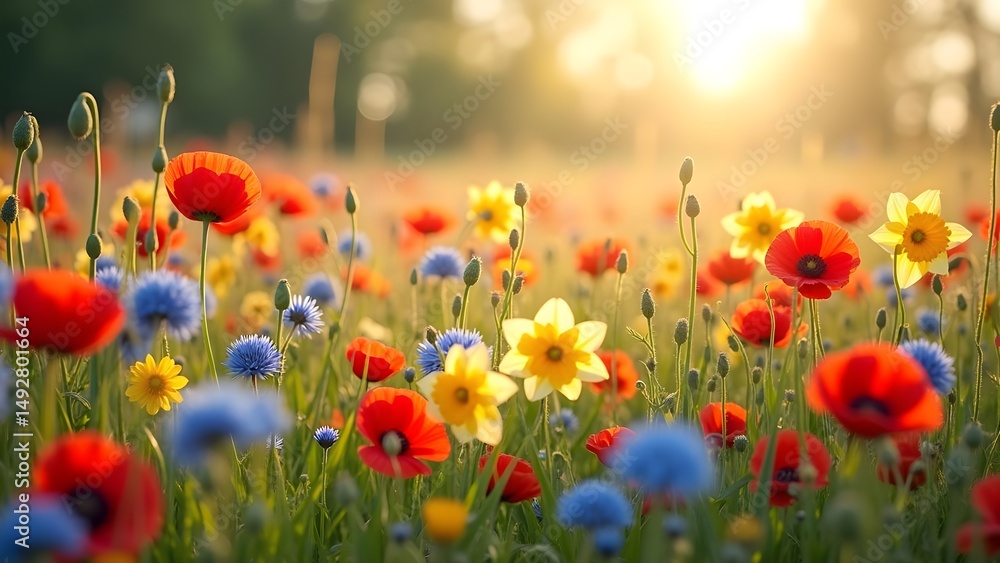 Obraz premium Blooming Wildflower Meadow at Sunset with Poppies and Cornflowers in the Warm Light