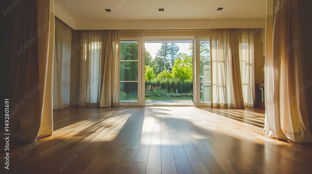 Obraz premium Sunlight streaming into an empty room with hardwood floors and open doors to a green garden view