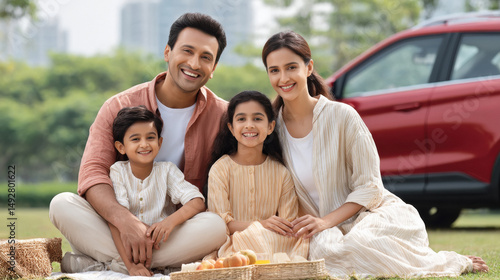 indian father mother, child eating a meal, all three of them looking happy and smiling