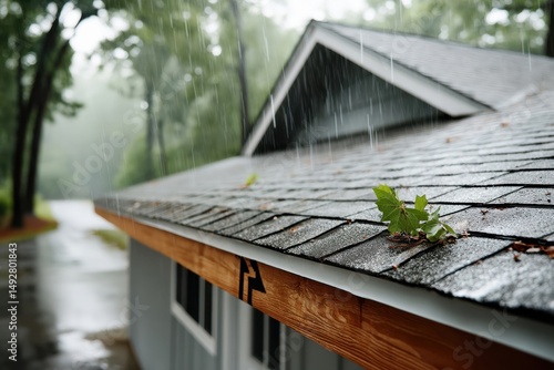 Rainfall on a roof showcases serene nature near a peaceful wooded area during a quiet day