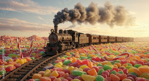 Vintage Steam Train Chugging Through a Candy Landscape Sweet Fantasy Scene