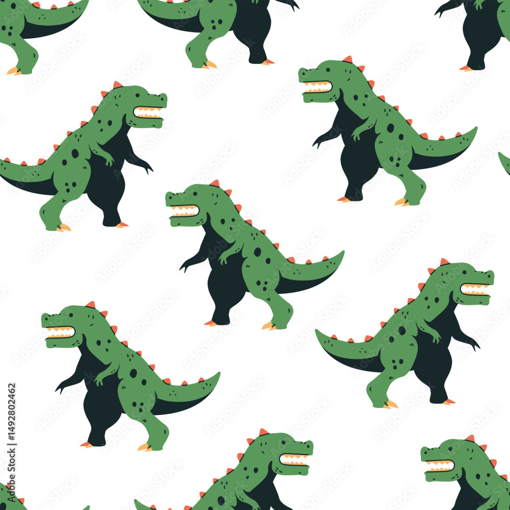 Fototapeta premium Tyrannosaurus rex dinosaur vector cartoon seamless pattern on a white background.