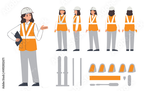 Woman construction engineer in helmet, vest, uniform. Character constructor for animation. Front, side and back view set. Body parts, postures