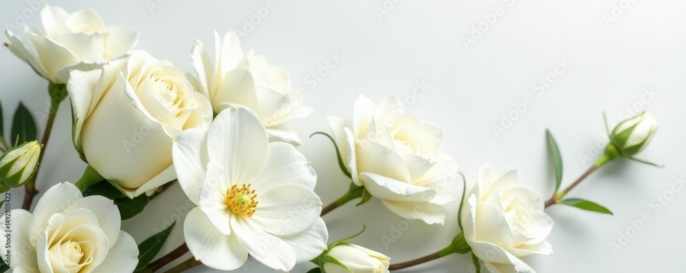 Fototapeta premium Luxurious white rose and lisianthus arrangement; pure white backdrop , studio, delicate