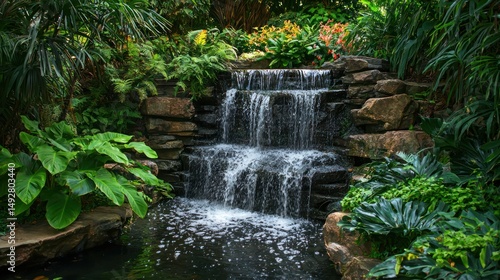 A hidden waterfall in a lush rainforest, surrounded by vibrant greenery