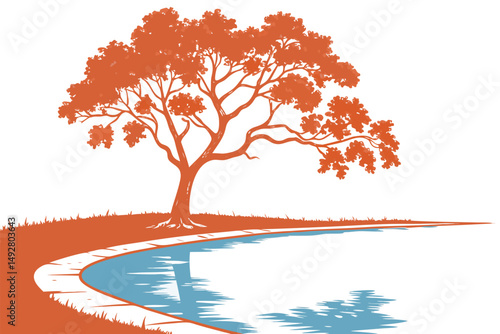 48 a single vibrant orange tree reflected in a blue pool, natural lighting, minimalist, high contrast, serene, pristine, digital art