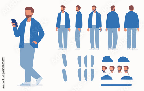 Middle age business man character constructor for animation. Front, side and back view set. Body parts, postures, poses collection. Vector