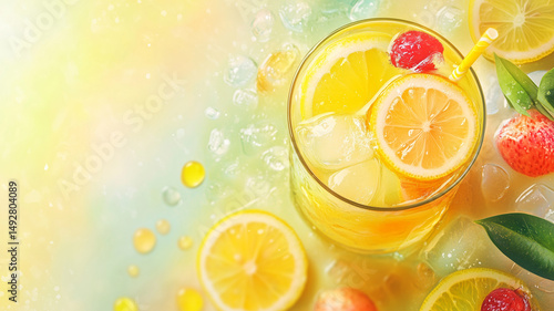 Summer banner with close-up of drink with ice lemon slices and strawberries . Generated by artificial intelligence.