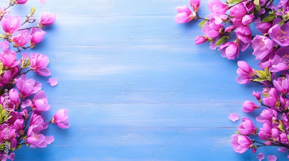 Pink blossoms frame a light blue wood background, leaving ample central space. Petals scatter delicately Pink blossoms frame a light blue wood background, leaving ample central space. Petals scatter delicately