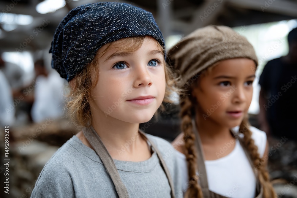 Obraz premium Two children dressed in early historical attire, looking curiously at their surroundings, embodying innocence, discovery, and the essence of childhood adventures in a historical context.