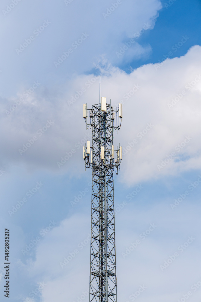 Telecommunication tower or Mobile phone tower with 5G cellular network . Global connection and internet network concept. Telecommunication tower or Mobile phone tower with 5G cellular network . Global connection and internet network concept.