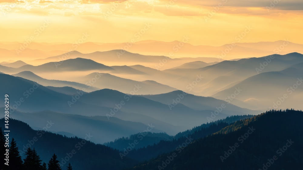 Obraz premium A layered mountain landscape with golden light illuminating each ridge at sunset