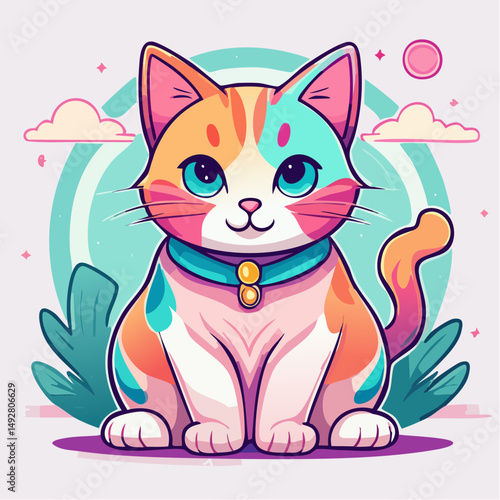 Cute Cartoon Calico Cat Sitting Outdoors with Colorful Background