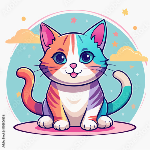 Cute Cartoon Calico Cat Sitting Outdoors with Colorful Background