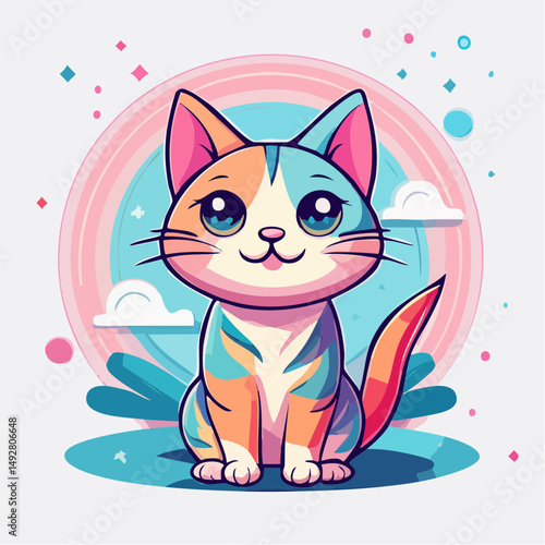 Cute Cartoon Calico Cat Sitting Outdoors with Colorful Background