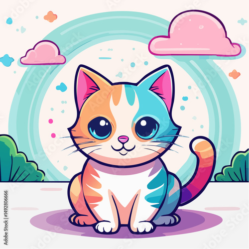 Cute Cartoon Calico Cat Sitting Outdoors with Colorful Background