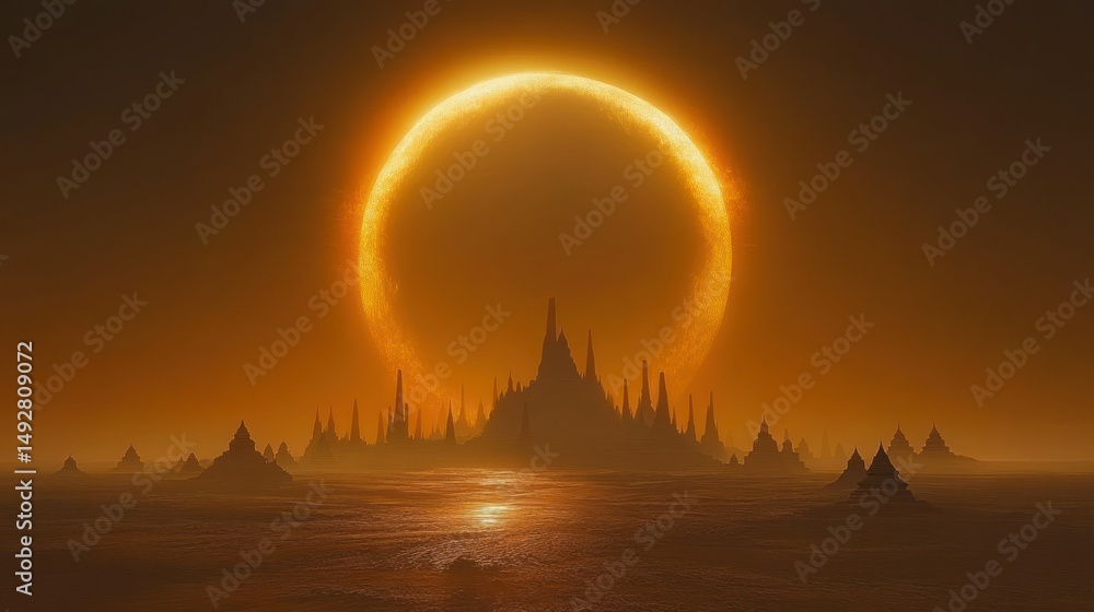 Obraz premium Alien landscape with fiery ringed sun