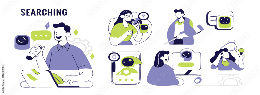 custom made wallpaper toronto digitalSearch concept set. Collection of characters using artificial intelligence generative tools for searching or browsing internet. SEO concept.