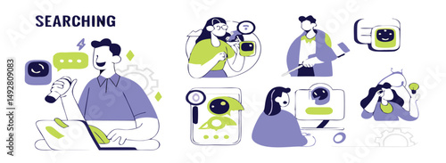 Search concept set. Collection of characters using artificial intelligence generative tools for searching or browsing internet. SEO concept.