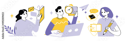 Schedule set. Characters using artificial intelligence generative tools for time management. Scheduling, task performance, calendar organizing concept.