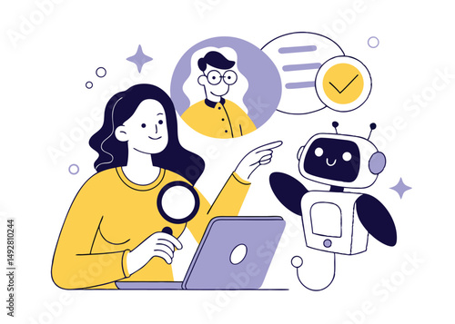 
Hiring set. Character and intelligence robot working together. Business recruitment process, job searching, employee evaluation concept