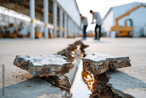 Construction workers investigate cracks in concrete at a warehouse during daylight hours